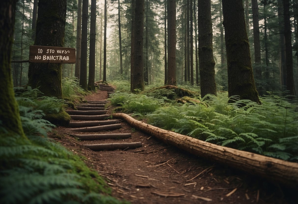 A forest path winds through tall trees, with a sign reading "Stick to established trails" and a list of "10 Ways to Leave No Trace While Practicing Bushcraft."