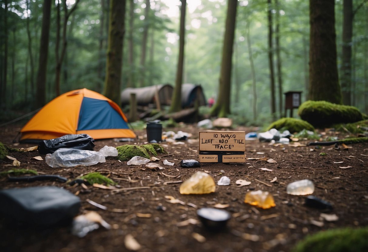 A woodland campsite with scattered trash, surrounded by signs listing "10 Ways to Leave No Trace While Practicing Bushcraft."