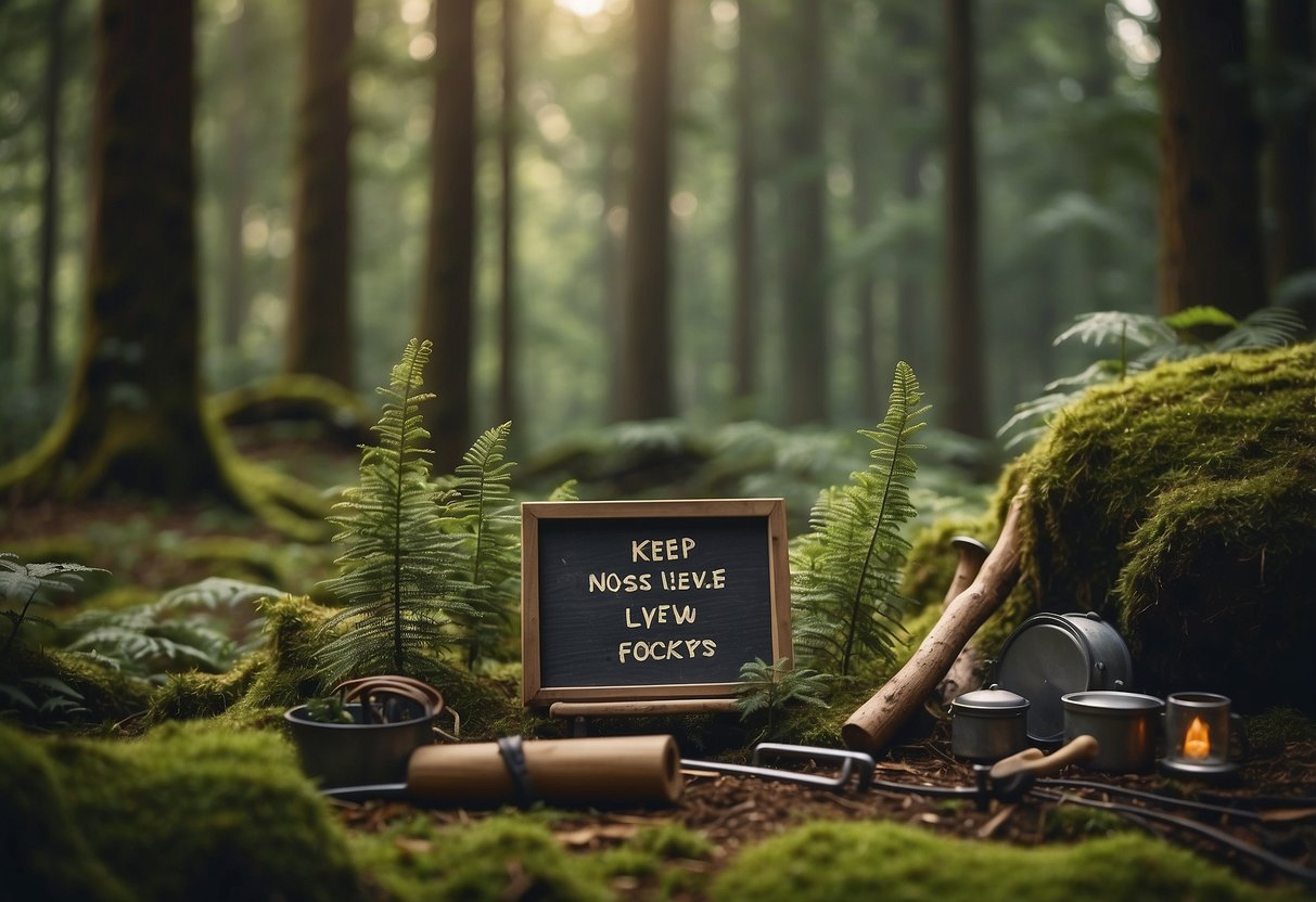 A serene forest clearing with a sign reading "Keep noise levels down" surrounded by various bushcraft tools and natural materials