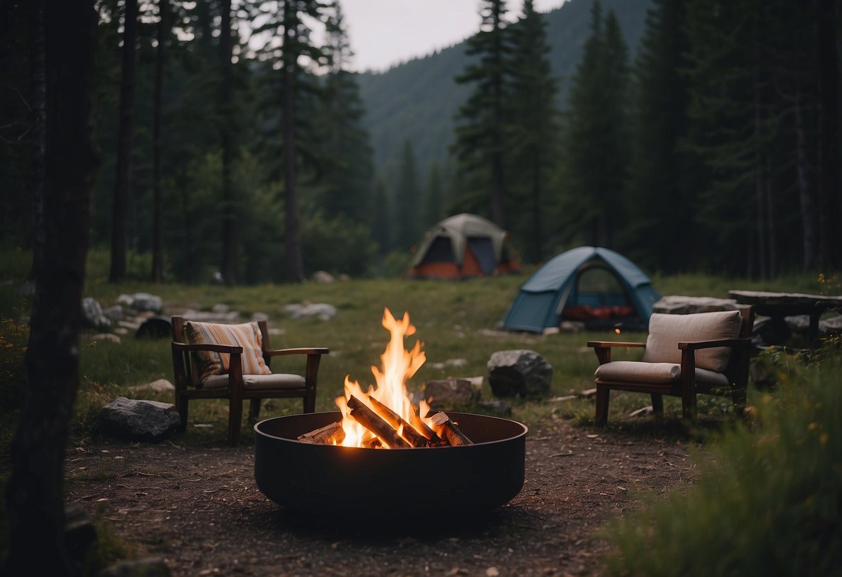 A campsite with a fire pit, surrounded by untouched wilderness. No garbage or debris in sight. A person practicing bushcraft with minimal impact on the environment