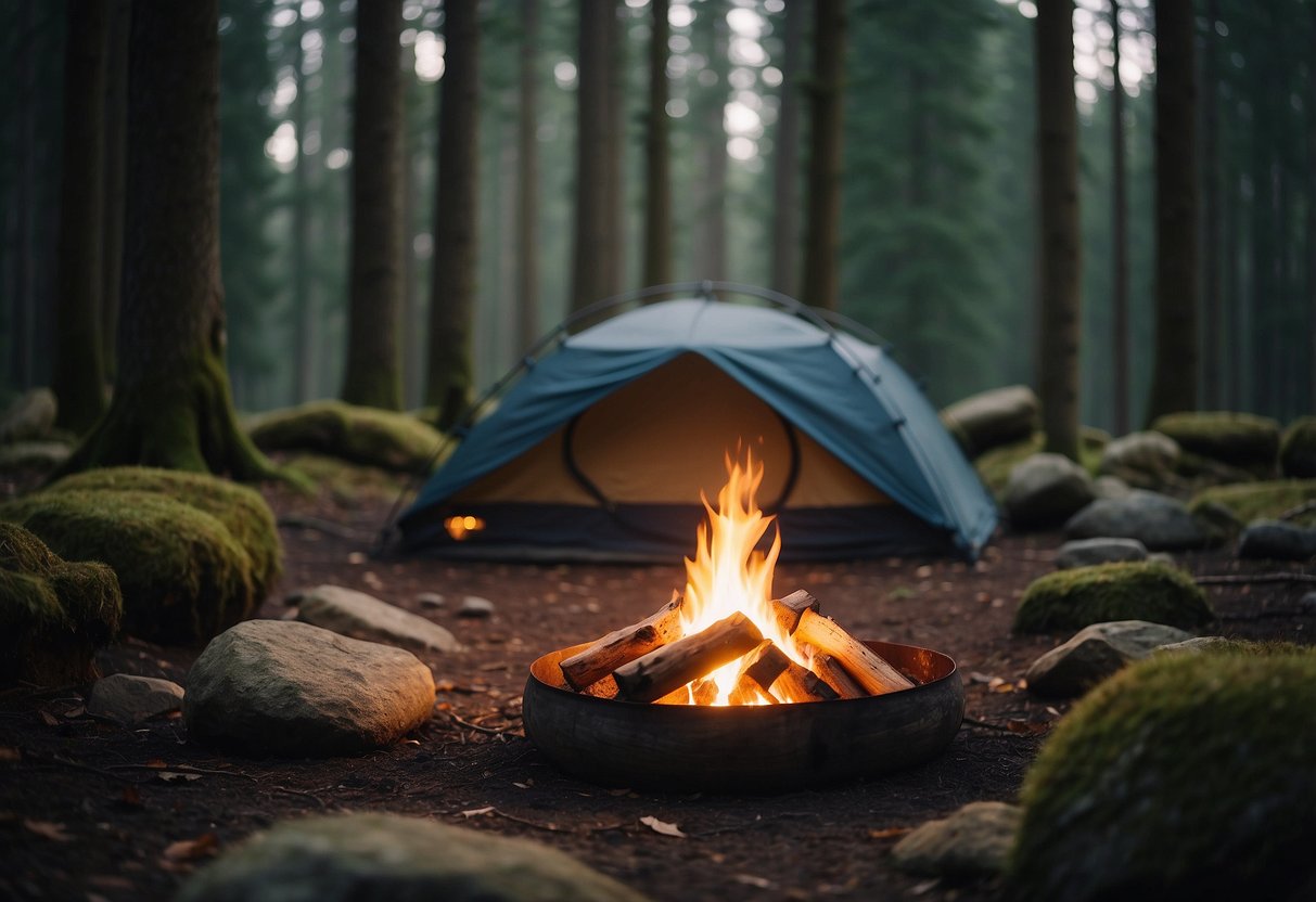 A peaceful forest clearing with a small campfire, surrounded by carefully arranged rocks and sticks. A tarp or lean-to shelter is set up nearby, blending in with the natural surroundings