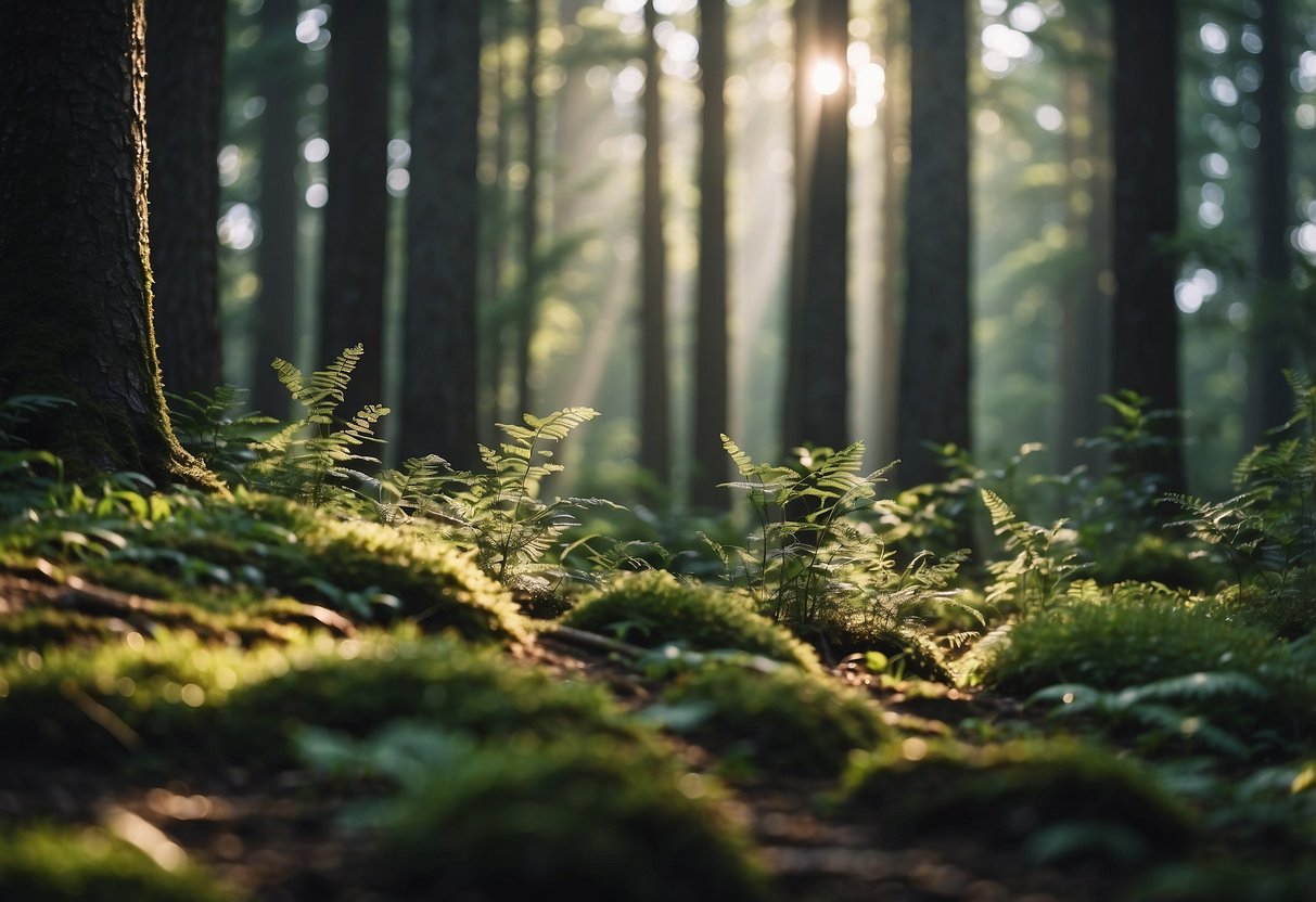 A peaceful forest clearing with minimal human impact, surrounded by diverse flora and fauna, showcasing the harmony between bushcraft and nature conservation