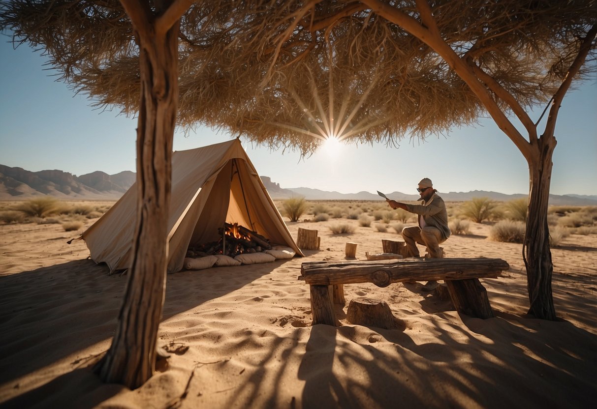 A sunny, arid landscape with a clear blue sky. A small shelter made of branches and leaves provides shade. A person is using a knife to carve wood for a fire