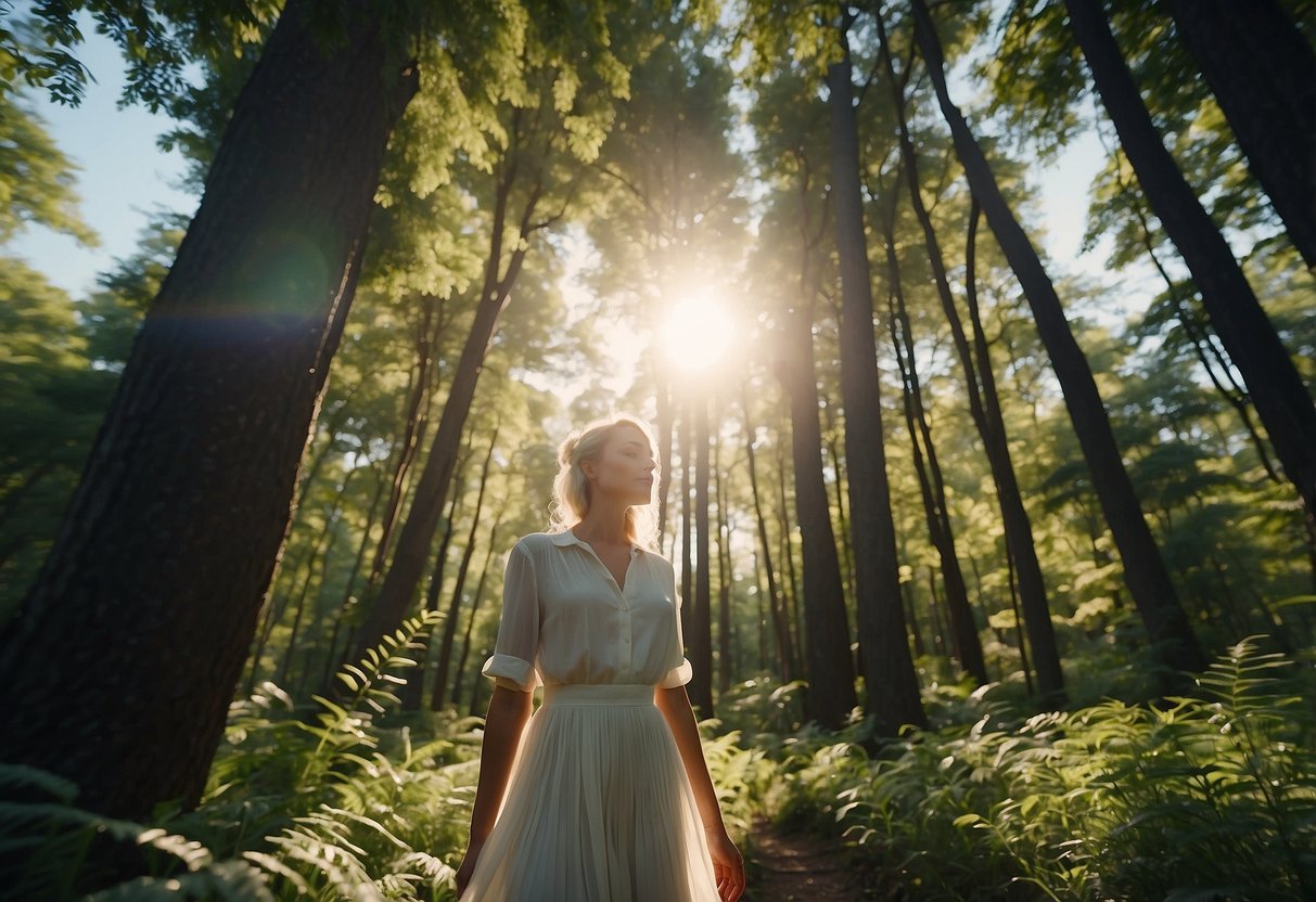 A figure in light-colored clothing navigates through a sun-drenched forest, surrounded by lush greenery and a clear blue sky