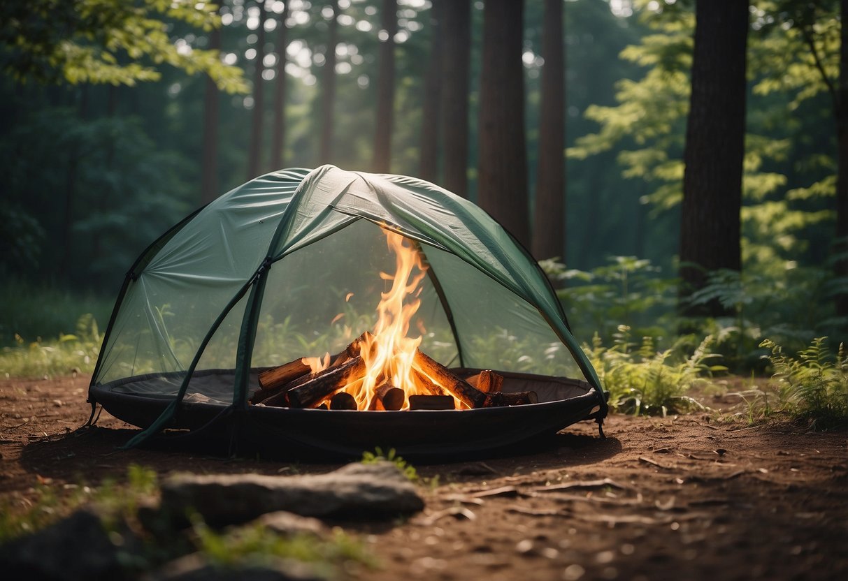 Sun beats down on a lush forest clearing. A makeshift shelter of breathable fabric provides shade. A water source and fire pit are nearby