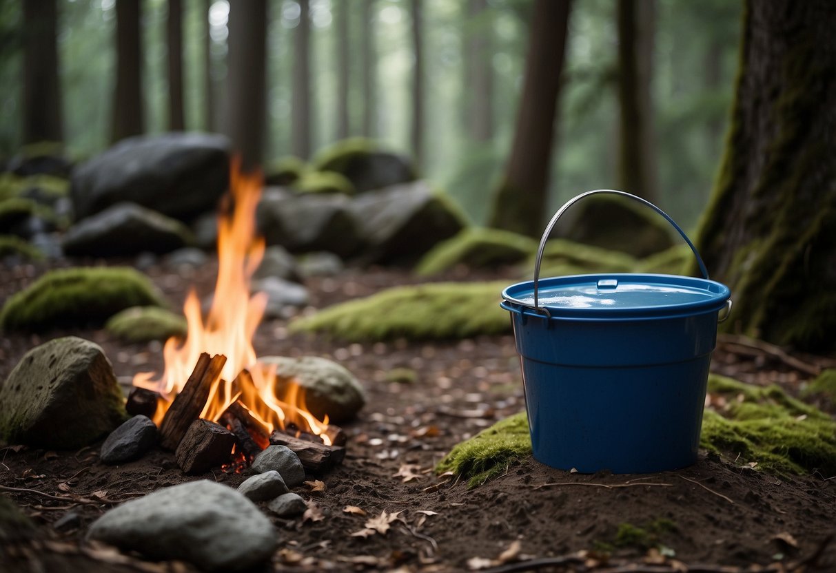 A sunny forest clearing with a small campfire surrounded by rocks. A bucket of water and a shovel are nearby. The surrounding area is free of dry brush and debris