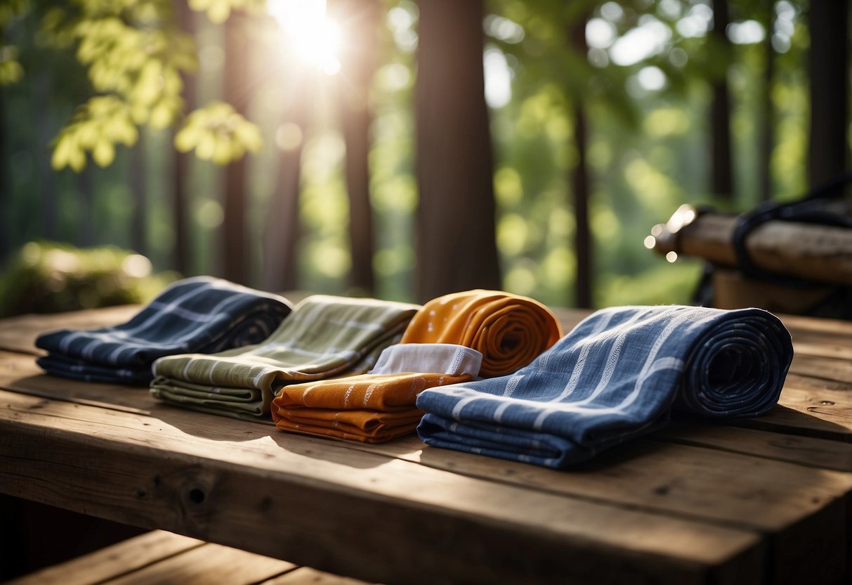 A group of cooling bandanas laid out on a wooden table, surrounded by bushcrafting tools and equipment. The sun shines brightly through the trees, casting dappled shadows on the scene