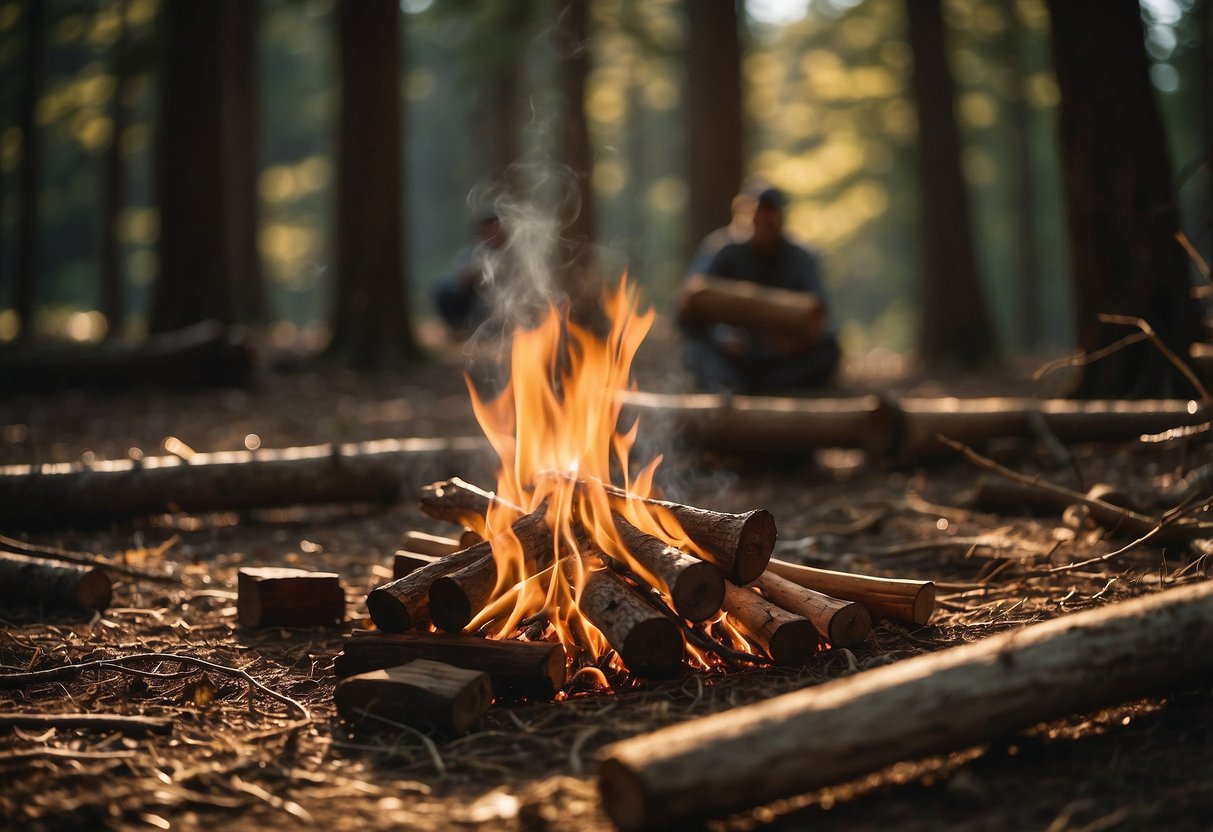 A campfire crackles in the late afternoon sun, casting long shadows on the forest floor. A group of bushcrafters gather wood and prepare for an evening of outdoor activities