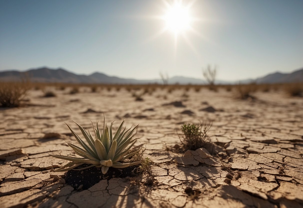 A parched desert landscape with cracked earth and wilting plants under a scorching sun. A canteen lies abandoned, empty and dry