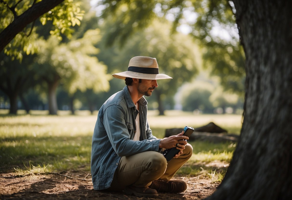 A figure seeks shade under a large tree, wearing a wide-brimmed hat and lightweight, breathable clothing. They carry a water bottle and a map, with sunscreen and a first aid kit visible in their pack