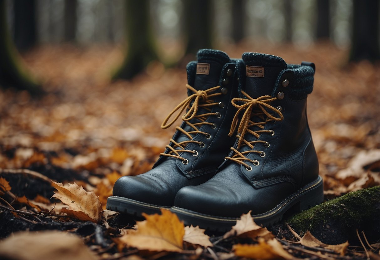 A pair of thick, woolen socks lie next to a rugged pair of boots, surrounded by a forest floor littered with fallen leaves and twigs