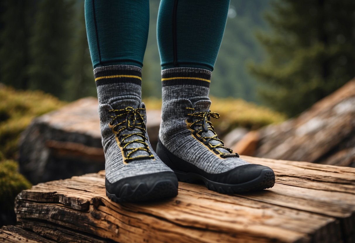 A pair of Smartwool Trekking Heavy Crew Socks lying on a rustic wooden surface, surrounded by outdoor gear like a backpack, hiking boots, and a compass