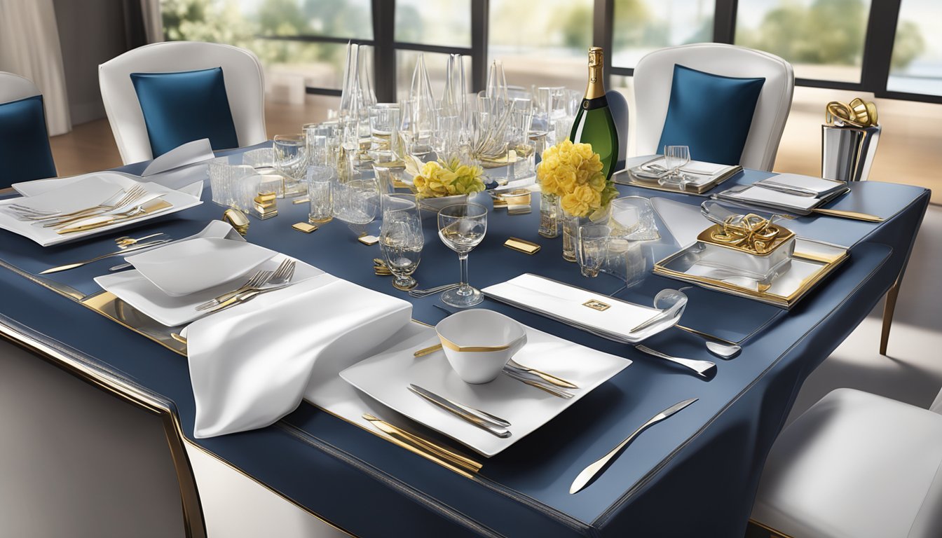 A table adorned with elegant corporate gifts, including custom-branded items and luxury accessories. The setting exudes professionalism and sophistication
