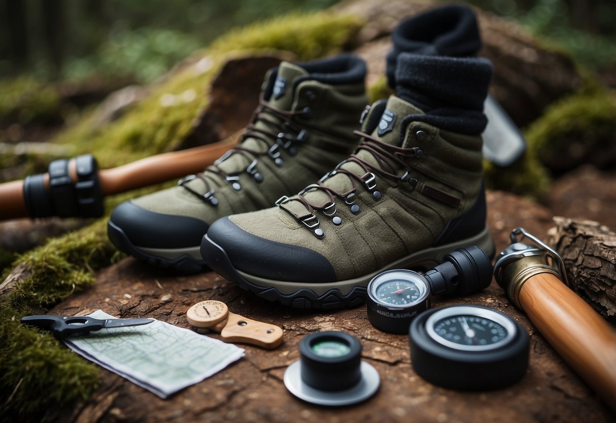 A pair of Thorlo Thick Hiking Socks laid out next to a set of bushcraft tools and gear, including a knife, compass, and a map of the wilderness