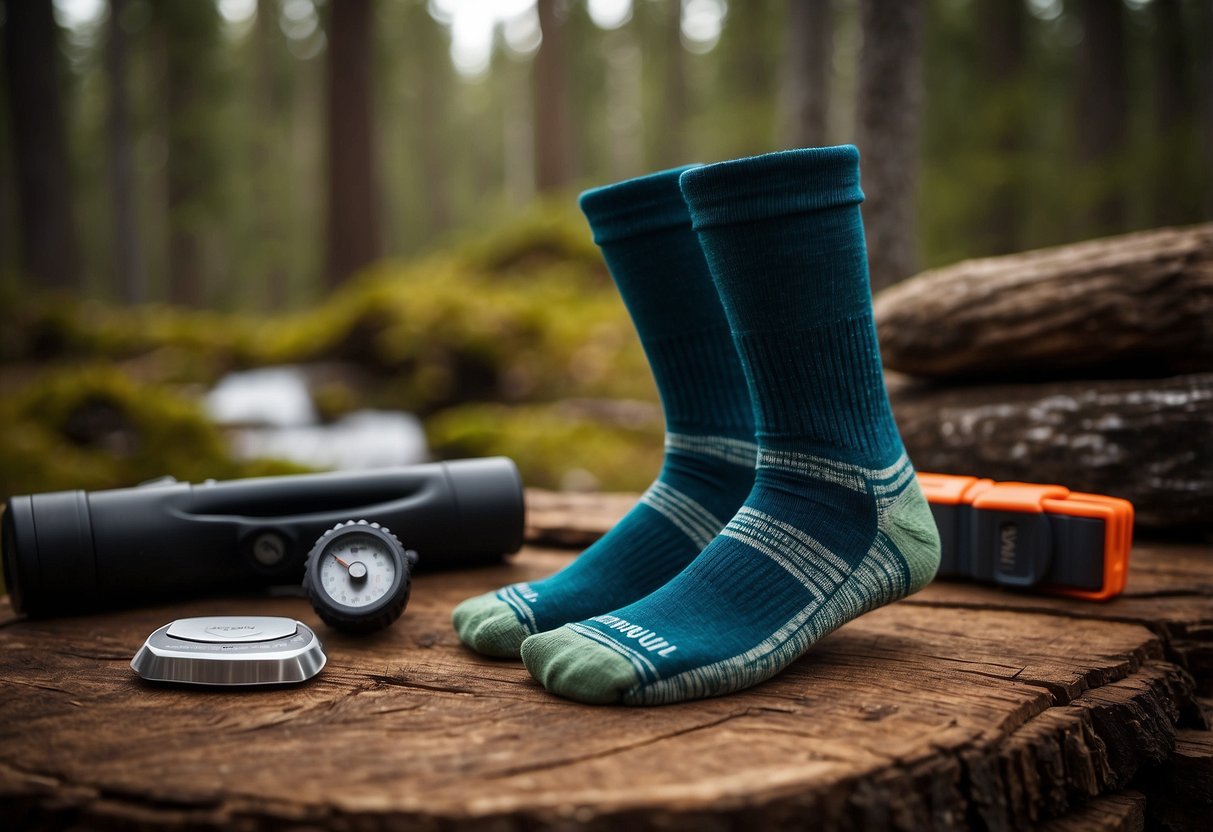 A pair of Injinji Trail Midweight Crew Socks are laid out on a rustic wooden surface, surrounded by outdoor bushcraft gear such as a knife, compass, and fire starter