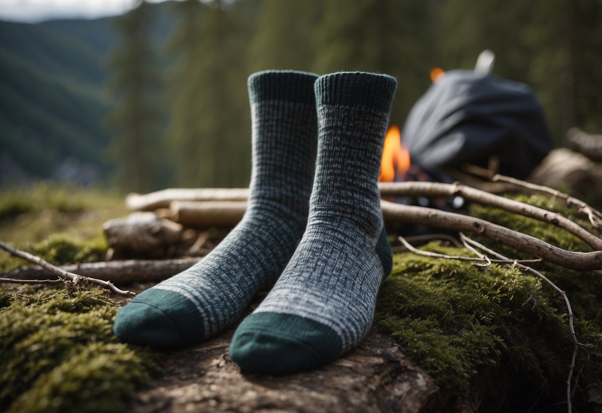 Bushcraft socks laid out with materials used: wool, merino, nylon, and polyester. A pair of socks being tested outdoors