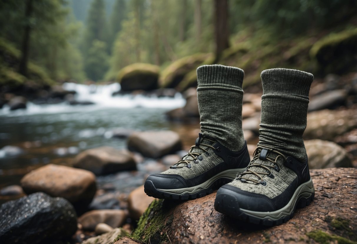 A pair of moisture-wicking bushcraft socks are shown in a rugged outdoor setting, surrounded by trees, rocks, and a flowing stream