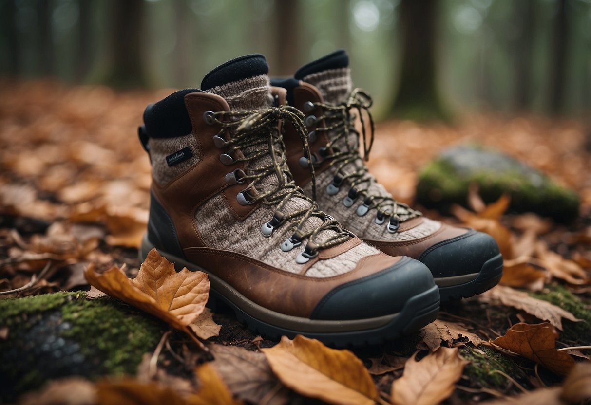 A pair of thick, woolen socks lie next to a rugged hiking boot, surrounded by fallen leaves and twigs. The socks appear sturdy and well-cushioned, promising comfort and durability for outdoor adventures