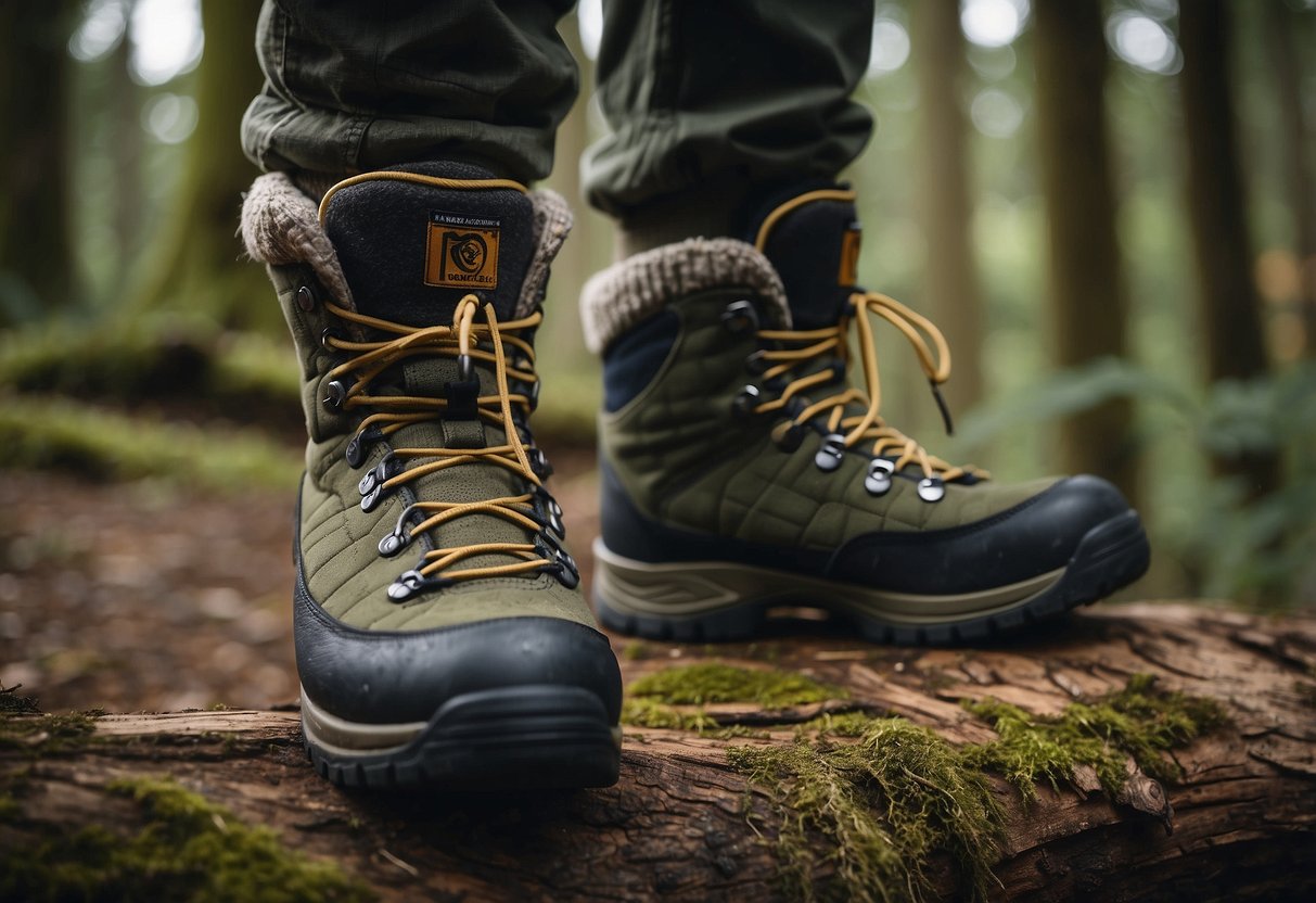 A pair of thick, durable socks, labeled "5 Best Bushcraft Socks," are being pulled onto a well-worn pair of hiking boots, ensuring a snug and proper fit