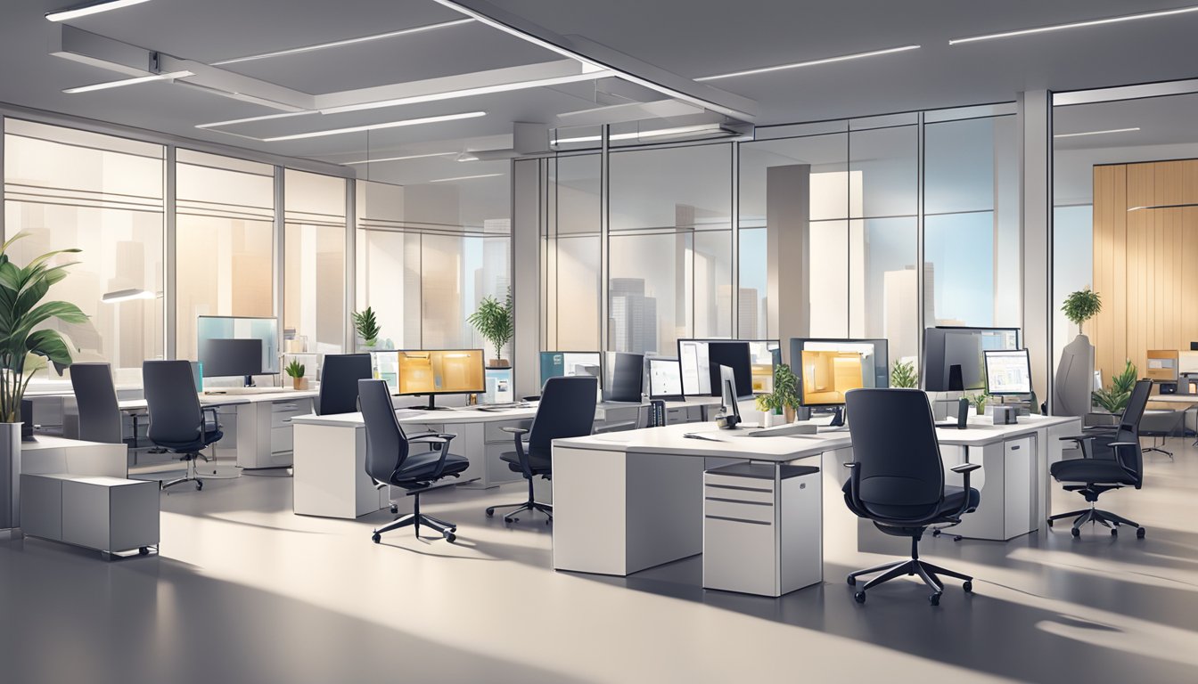 A sleek corporate office with modern decor, branded merchandise on display, and a professional team collaborating on gift designs