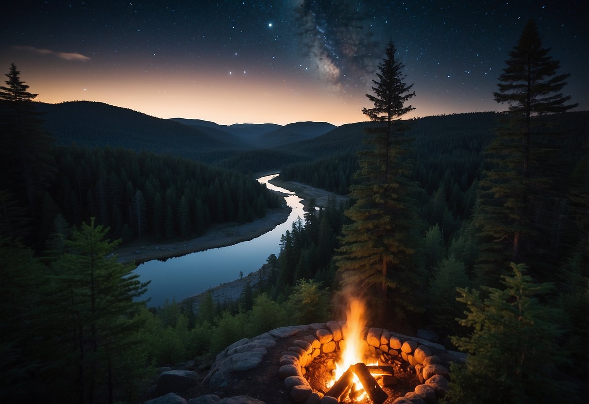 A dense forest with a winding river, primitive shelters, and a crackling campfire surrounded by wilderness. Tall trees and a clear night sky above