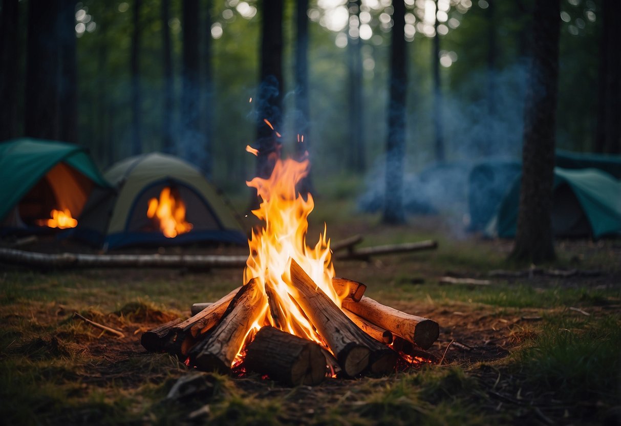 A campfire burns in the center of a clearing surrounded by dense woodland. Tents are pitched nearby, and a group of bushcraft enthusiasts are practicing survival skills