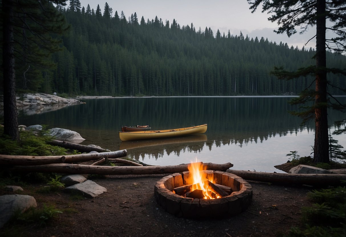 A serene lake nestled among towering pines, with a rocky shoreline and a small clearing for a campsite. Canoes are pulled up on the shore, and a flickering campfire is surrounded by primitive bushcraft shelters