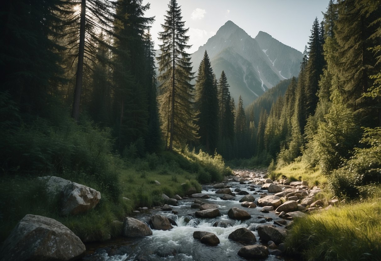 Lush forest with towering mountains, clear streams, and cozy campsites nestled among the trees. A perfect setting for bushcraft enthusiasts in Tatra National Park, Poland