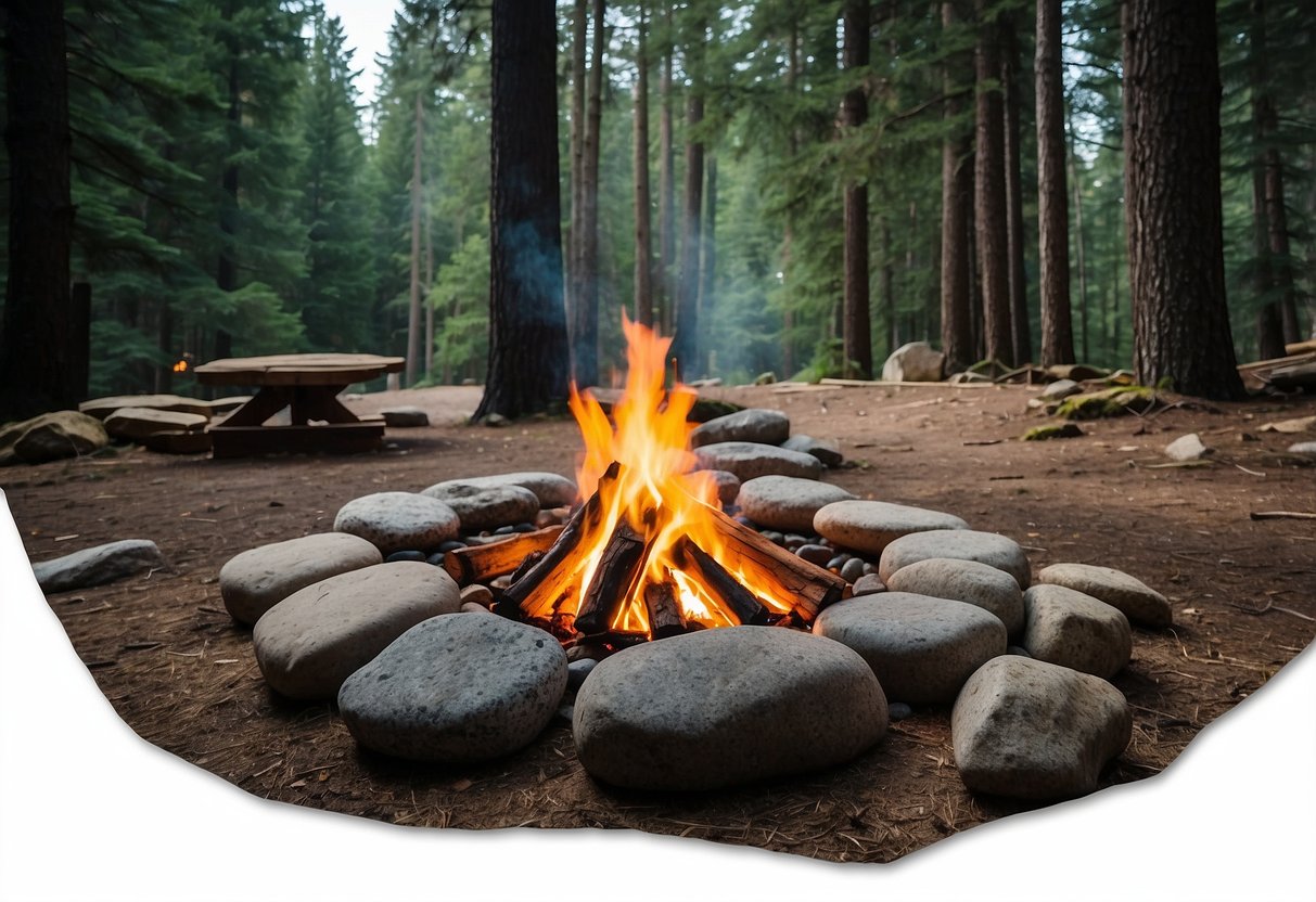 A campfire crackles surrounded by a circle of stones. A tarp is suspended between trees, and a makeshift shelter is being constructed nearby. Various tools and gear are scattered around the campsite