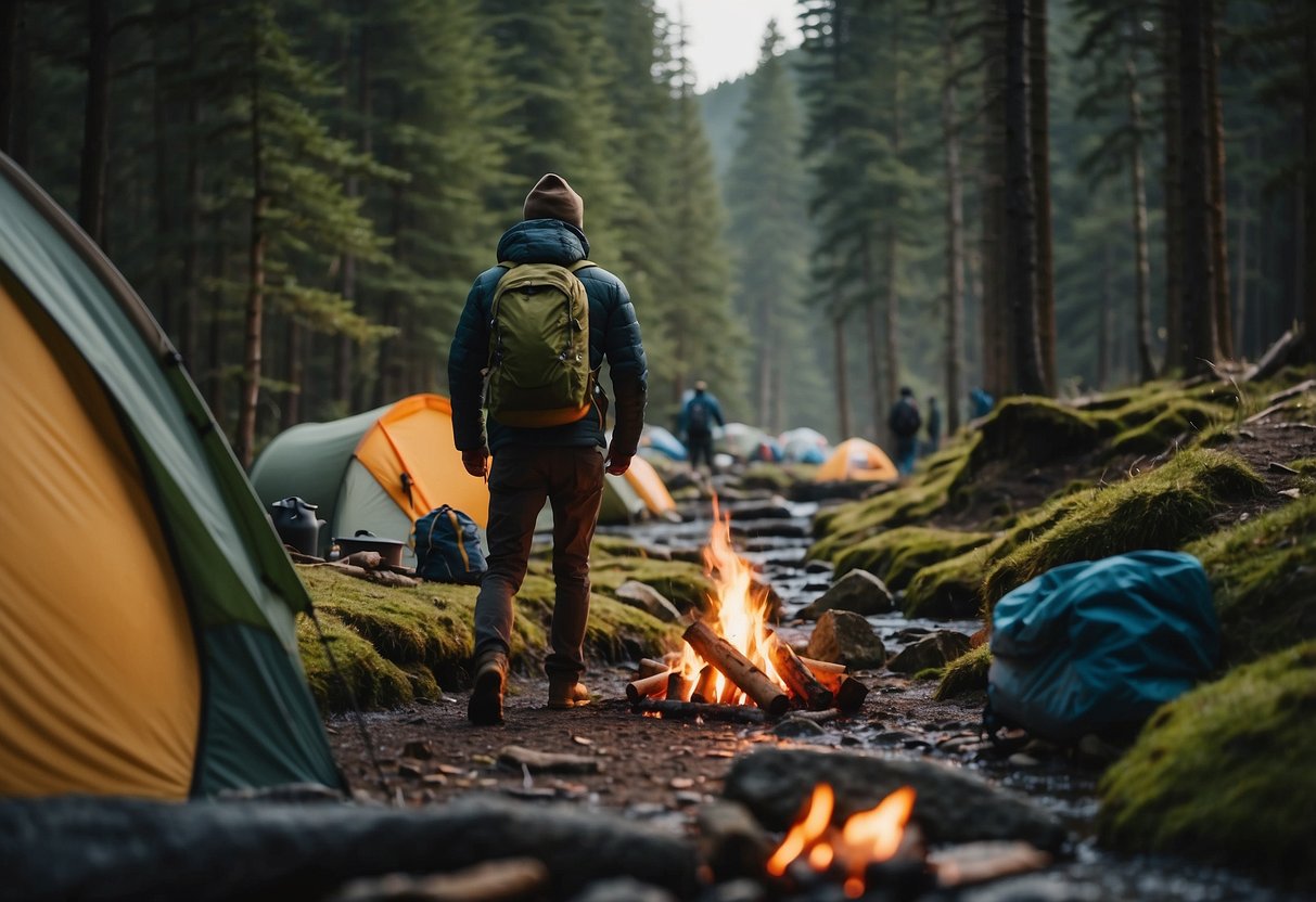 A campsite with a roaring fire, surrounded by trees and a clear stream. A person is seen choosing between a backpack and a tent, with various camping equipment scattered around