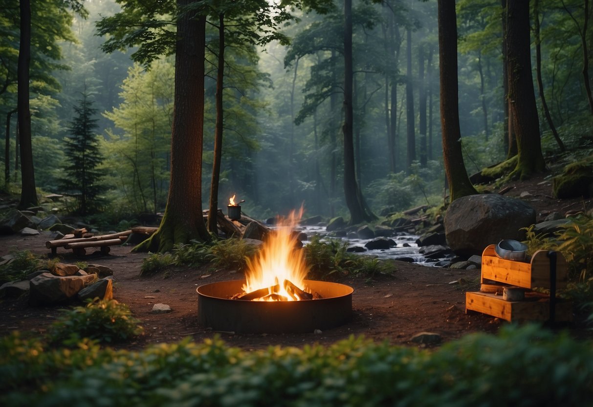 A campsite nestled in a lush forest with a clear stream, surrounded by towering trees. Safety signs and designated fire pits are visible, with minimal impact on the environment