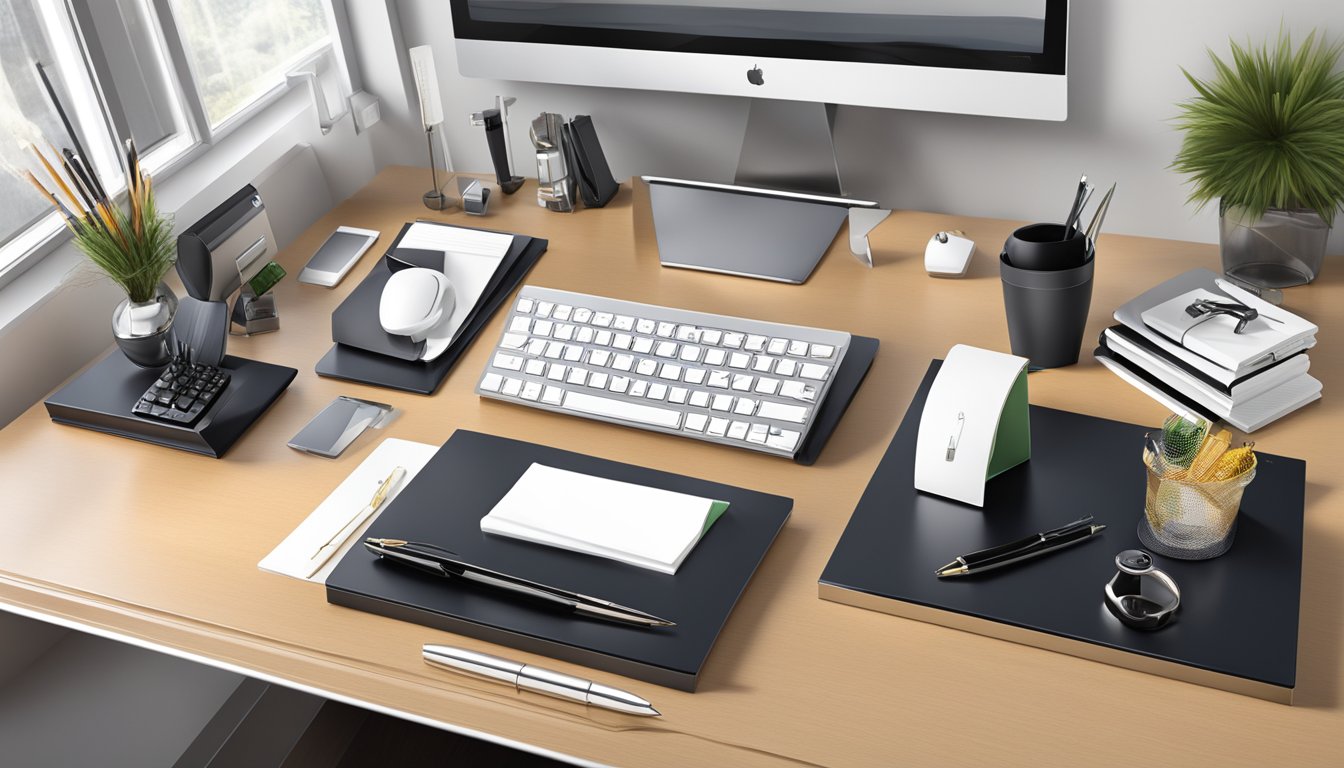 A sleek, modern office desk adorned with high-end corporate gifts from Giftworks-Creation.com. Each item exudes quality and craftsmanship, showcasing elegant design and attention to detail