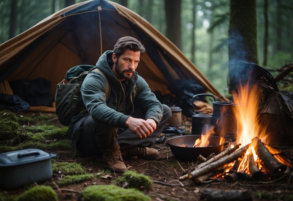 A person sits by a campfire, surrounded by inexpensive bushcrafting tools like a tarp, knife, and cooking pot. They are in a forest clearing, with a makeshift shelter and foraged materials nearby