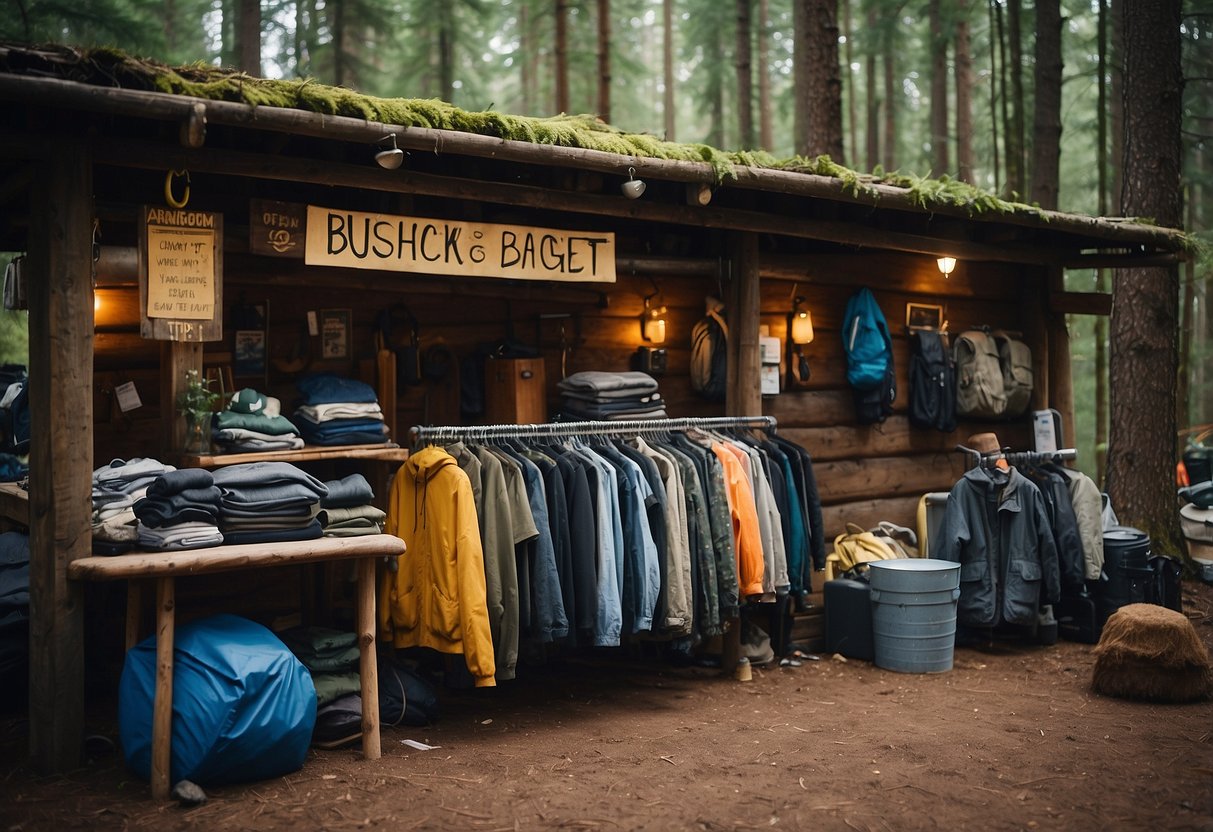 A rustic outdoor store with racks of used clothing, surrounded by forest and camping gear. A sign advertises "7 Tips for Bushcrafting on a Budget."