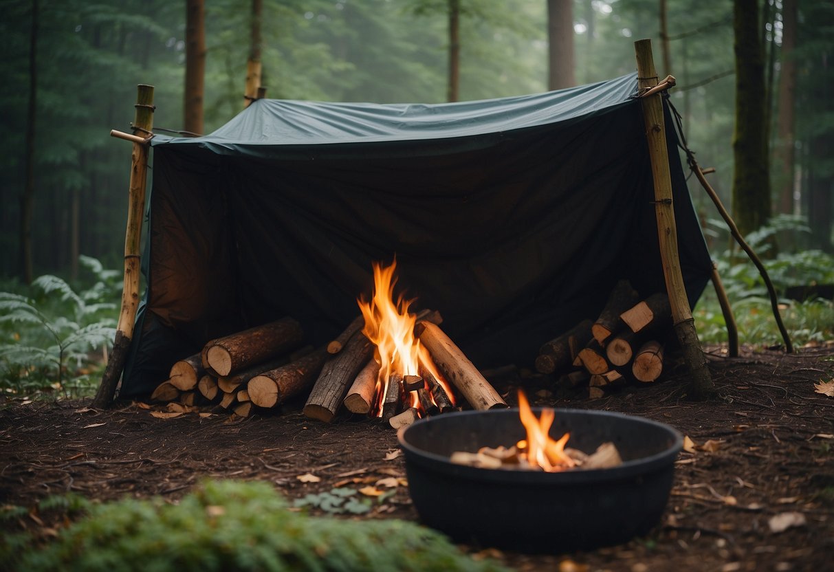 A shelter made from branches, leaves, and tarp, surrounded by trees. A small fire pit sits in front, with a pot hanging over it. A stack of firewood is nearby