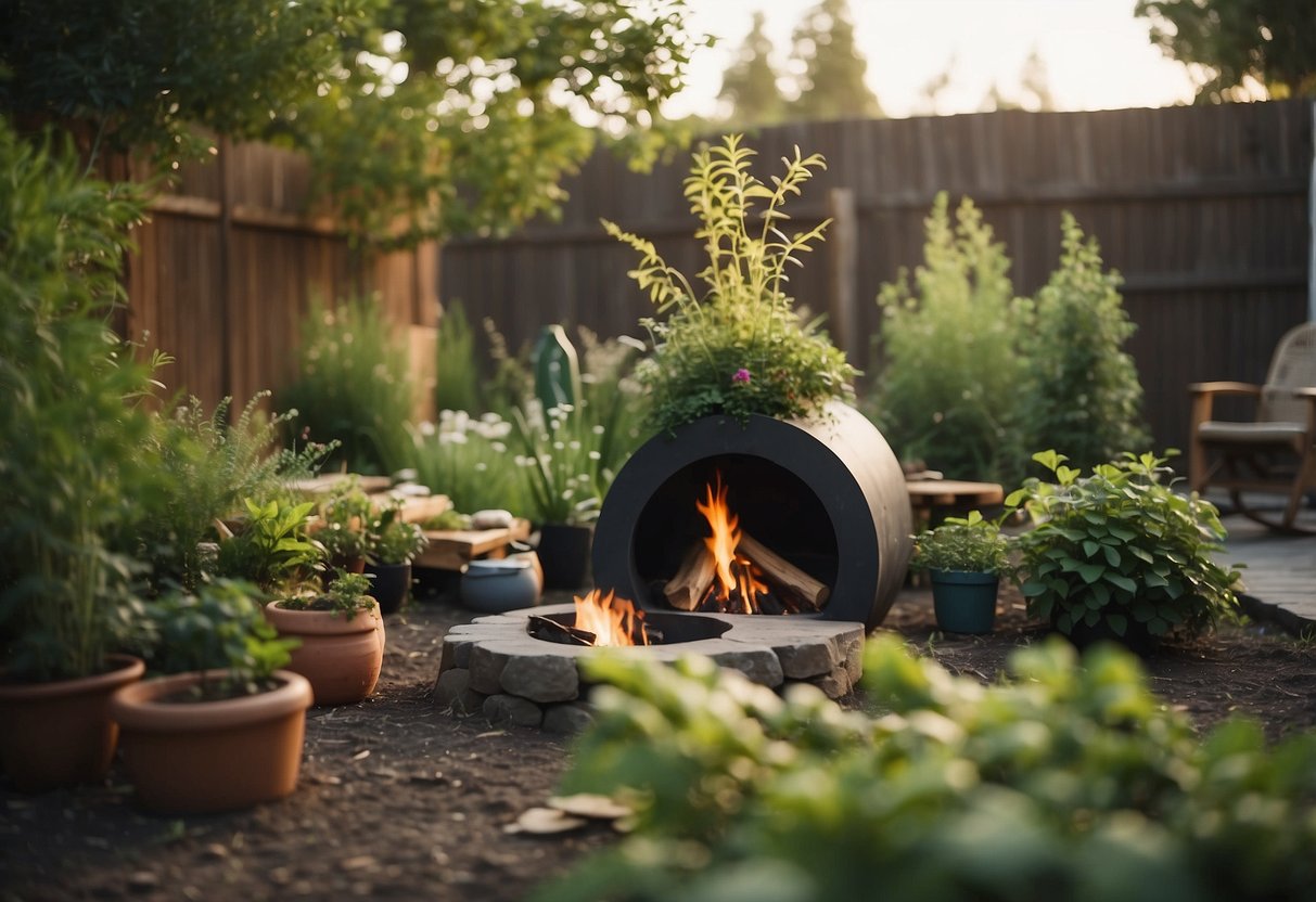 A small backyard with various plants and trees, a makeshift shelter, and a fire pit. A person is gathering wild edibles and crafting tools from natural materials