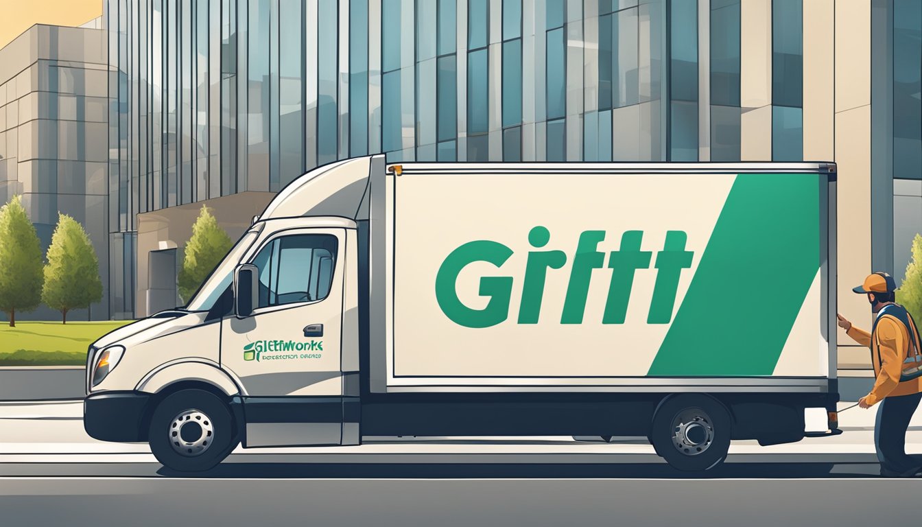 A delivery truck pulls up to a modern office building, with workers unloading boxes of corporate gifts from Giftworks-Creation.com. The logo is prominently displayed on the side of the truck
