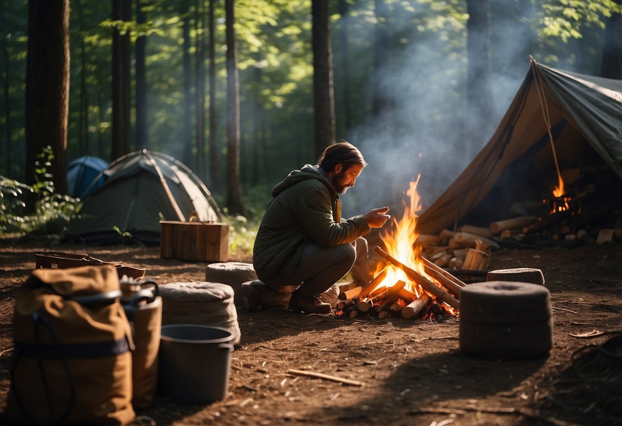 A person sits by a campfire, surrounded by makeshift shelters and tools. They are using natural materials to craft items, while a backpack and basic supplies are nearby. The scene is set in a forest clearing, with sunlight filtering through the trees