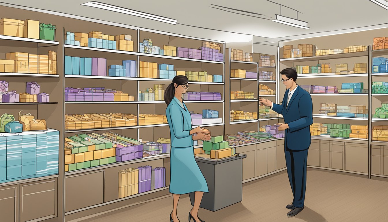 A customer service representative assists a corporate client with gift selection at Giftworks-Creation.com. Shelves display a variety of elegant corporate gifts