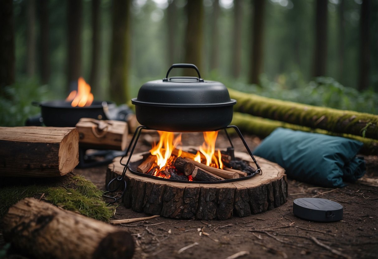 A campsite with a fire pit, surrounded by dense forest. Five lightweight vests are neatly displayed on a log, with various bushcraft tools and gear scattered around