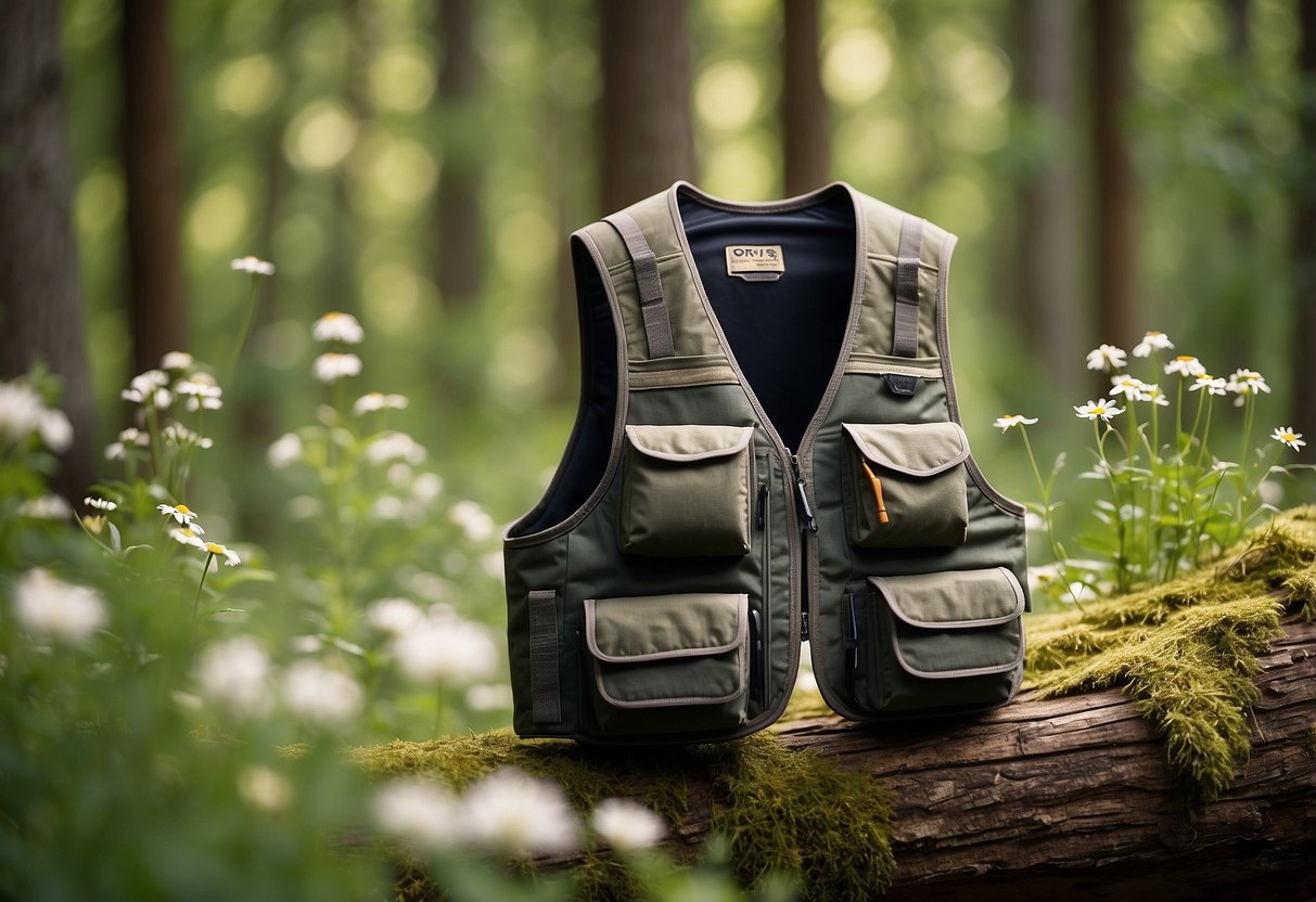 The Orvis Ultralight Convertible Vest hangs on a sturdy branch in a sun-dappled forest clearing, surrounded by wildflowers and tall grass