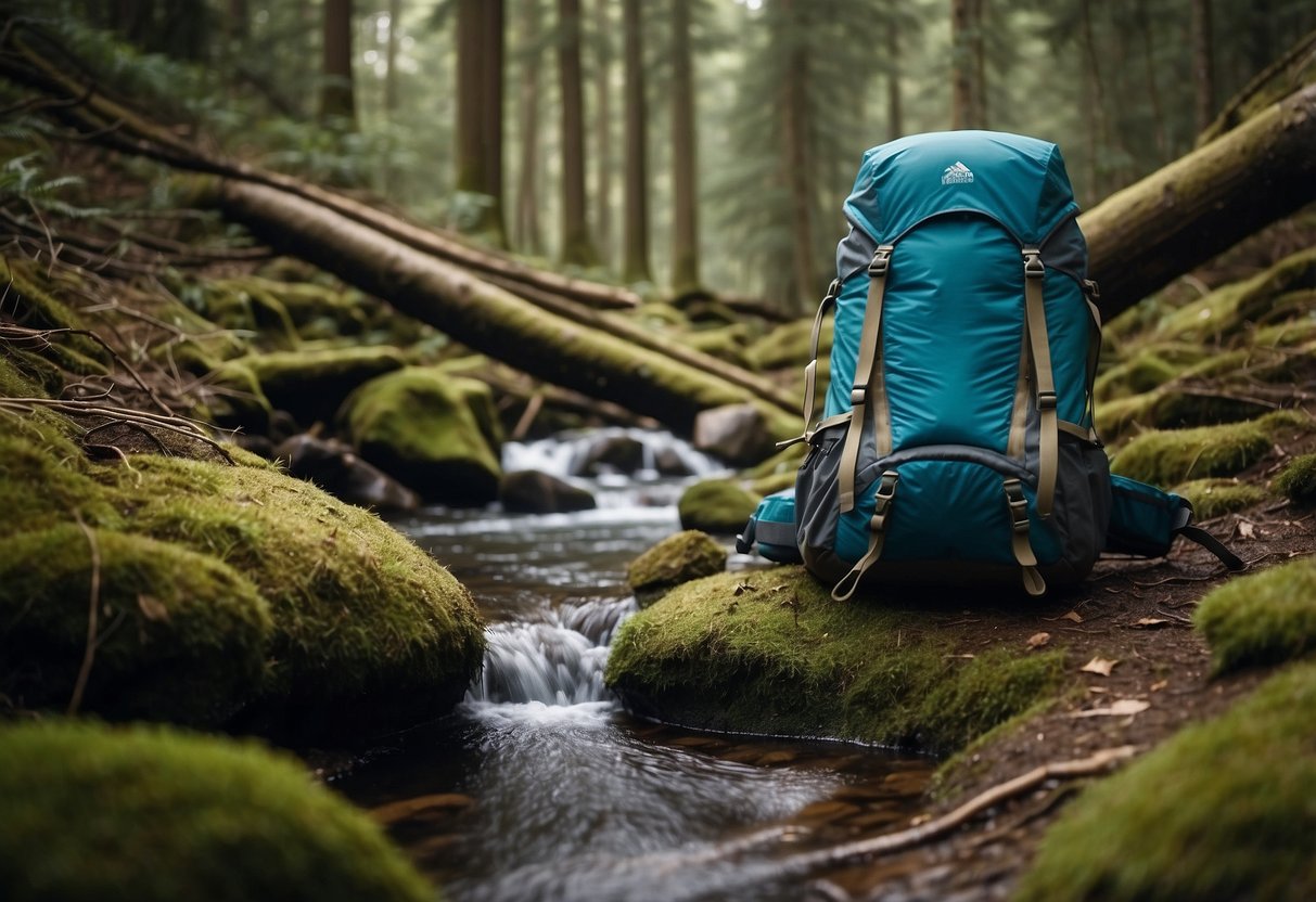 A forest clearing with a rocky trail, a small stream, and a campfire surrounded by gear including the Outdoor Research Ferrosi Summit Vest