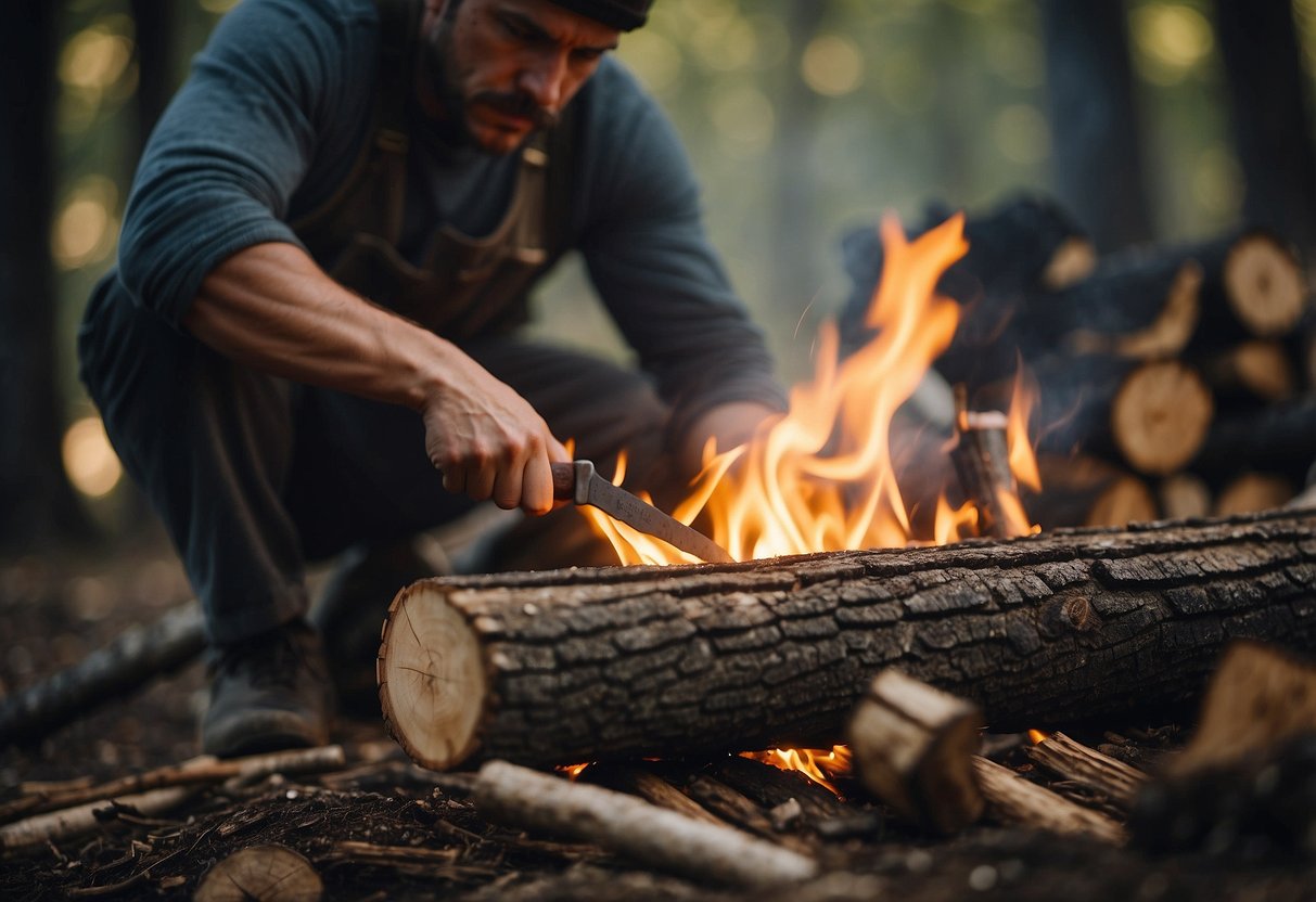 A person uses a dull knife to chop wood, builds a fire too close to flammable materials, and sets up their shelter on uneven ground