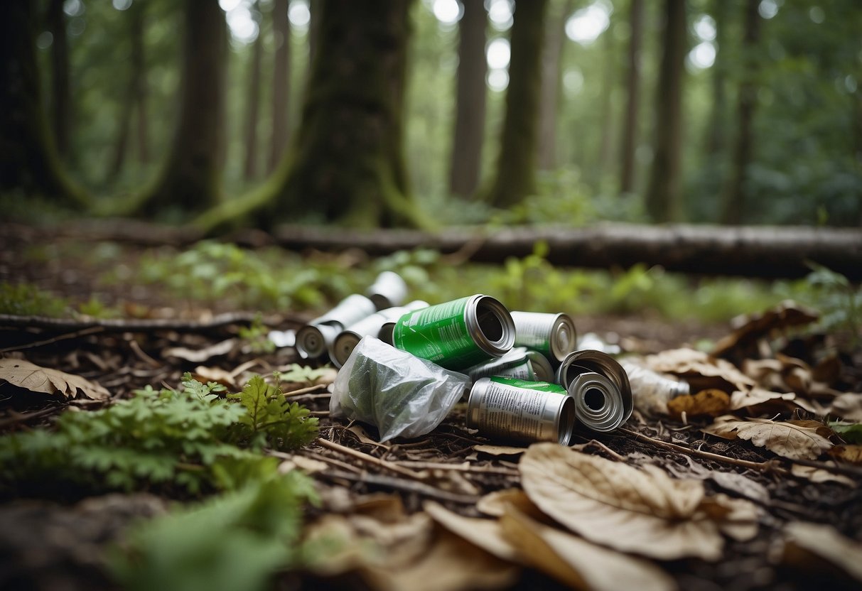 A forest floor littered with garbage, including plastic wrappers, cans, and food scraps. Surrounding trees and bushes are marred by discarded items