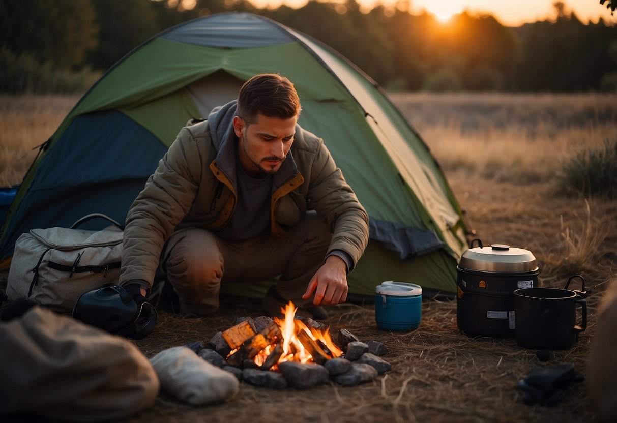 A person setting up camp without testing gear. Items scattered around, frustrated expression. Sunset in the background