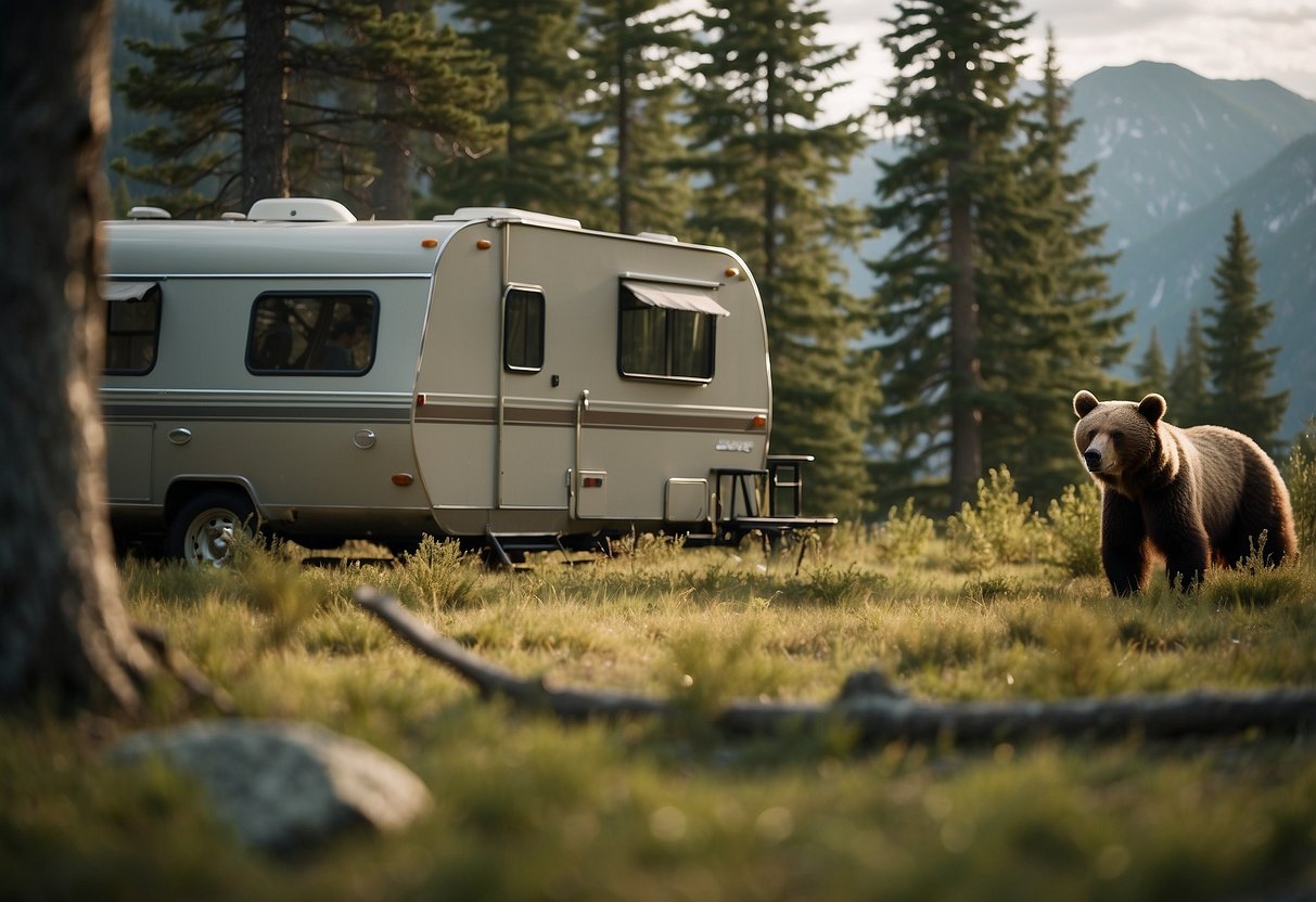 The scene shows a camper near a tree, underestimating a bear approaching from the bush. The camper is unaware of the potential danger