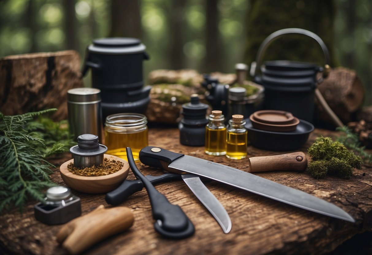 A table with various bushcraft tools laid out, including knives, axes, and saws. A sharpening stone and oil are nearby for maintenance