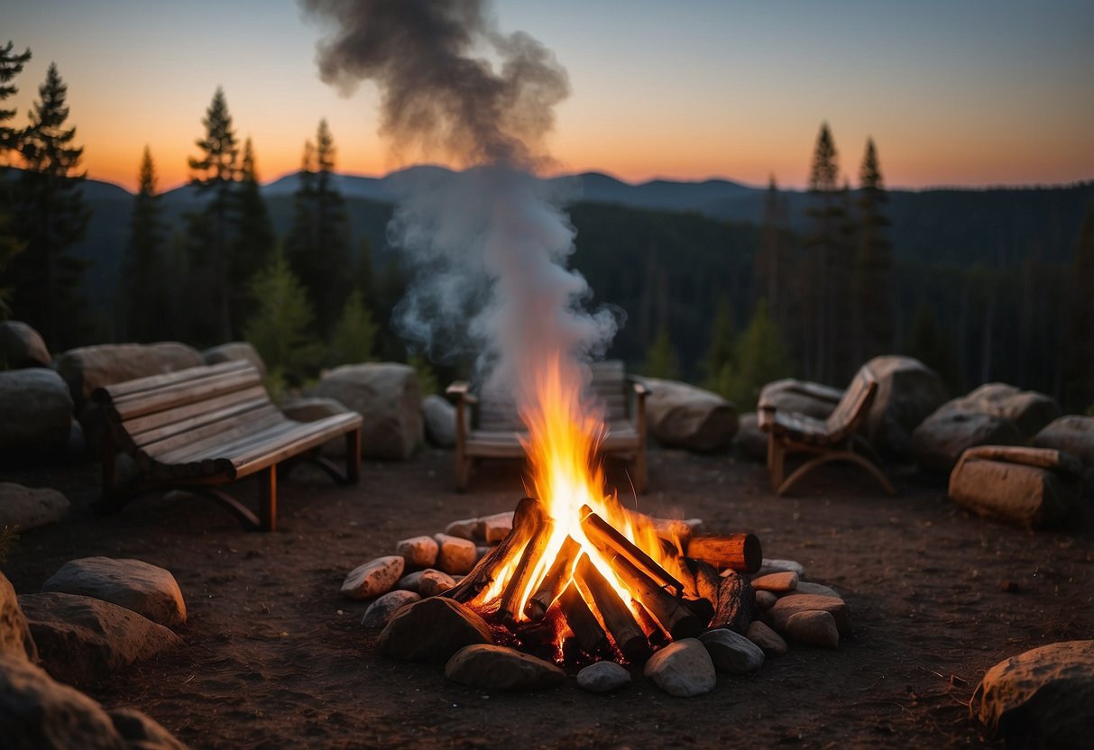 A cozy campfire crackles in the midst of a dense forest, surrounded by a collection of handcrafted shelters. Smoke rises into the crisp air as the sun sets, casting a warm glow over the scene