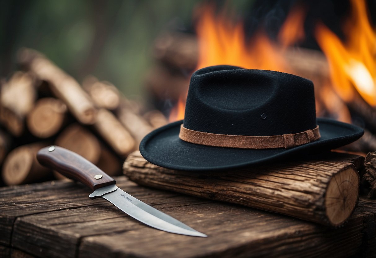 A wool hat sits atop a wooden table, surrounded by a stack of firewood and a bushcrafting knife