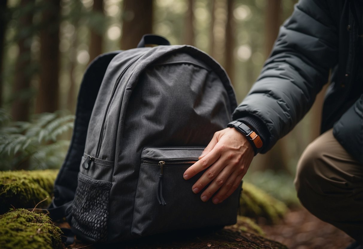 A person's hand reaches into a backpack, pulling out hand warmers. The forest background suggests bushcrafting